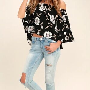 Lulus Light of Dawn Black Floral Print Off-the-Shoulder Top